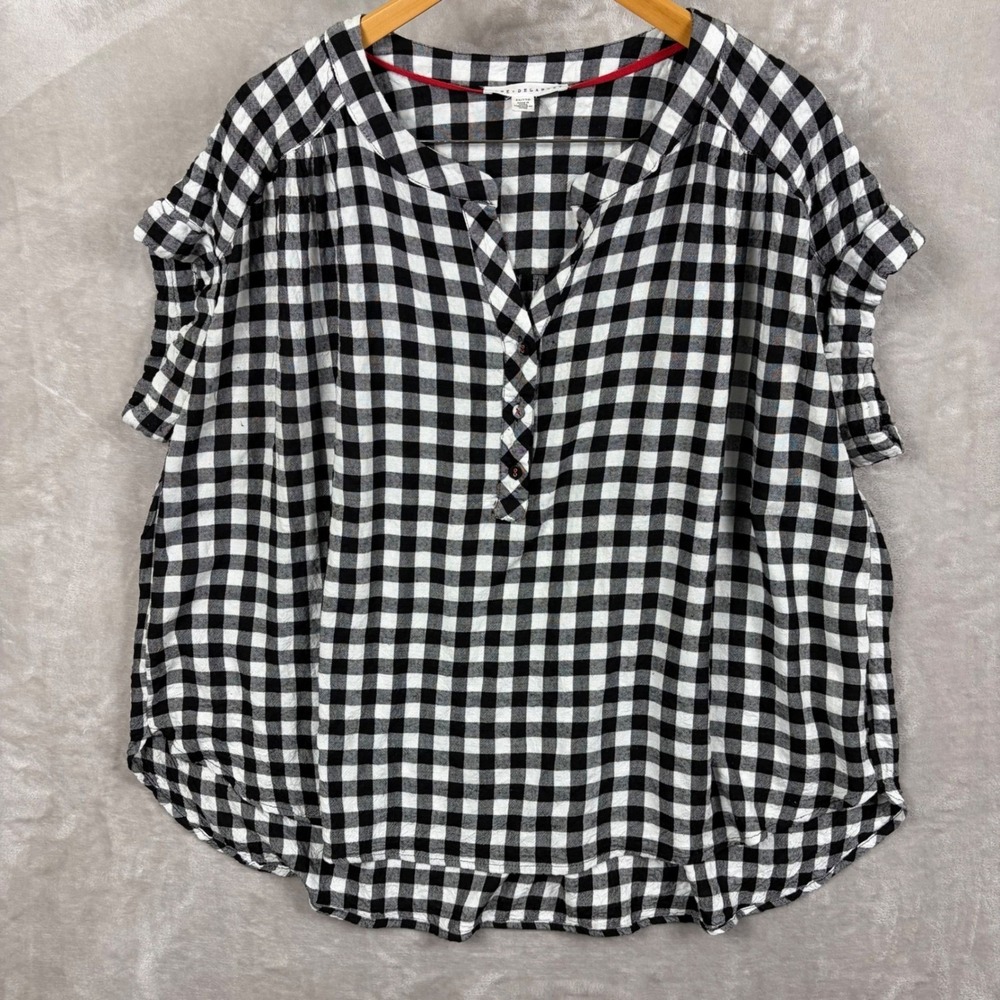 Jane & Delancey Top Size 2X Black White Gingham Plaid Popover Shirt Boxy Classic